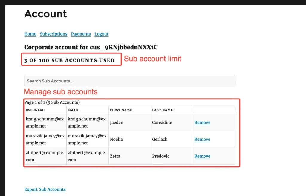Account page showing 3 of 100 sub accounts used with a table of usernames, emails, first and last names, and Remove links.