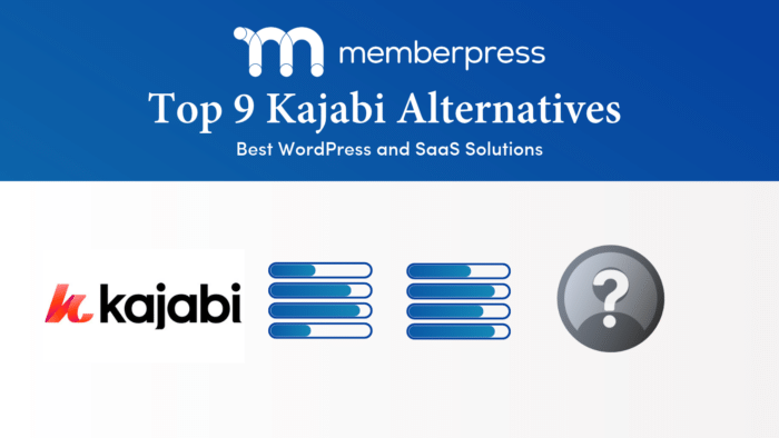 Top 9 Kajabi Alternatives banner with Kajabi logo, stacked blue app icons, and a question mark icon indicating more options