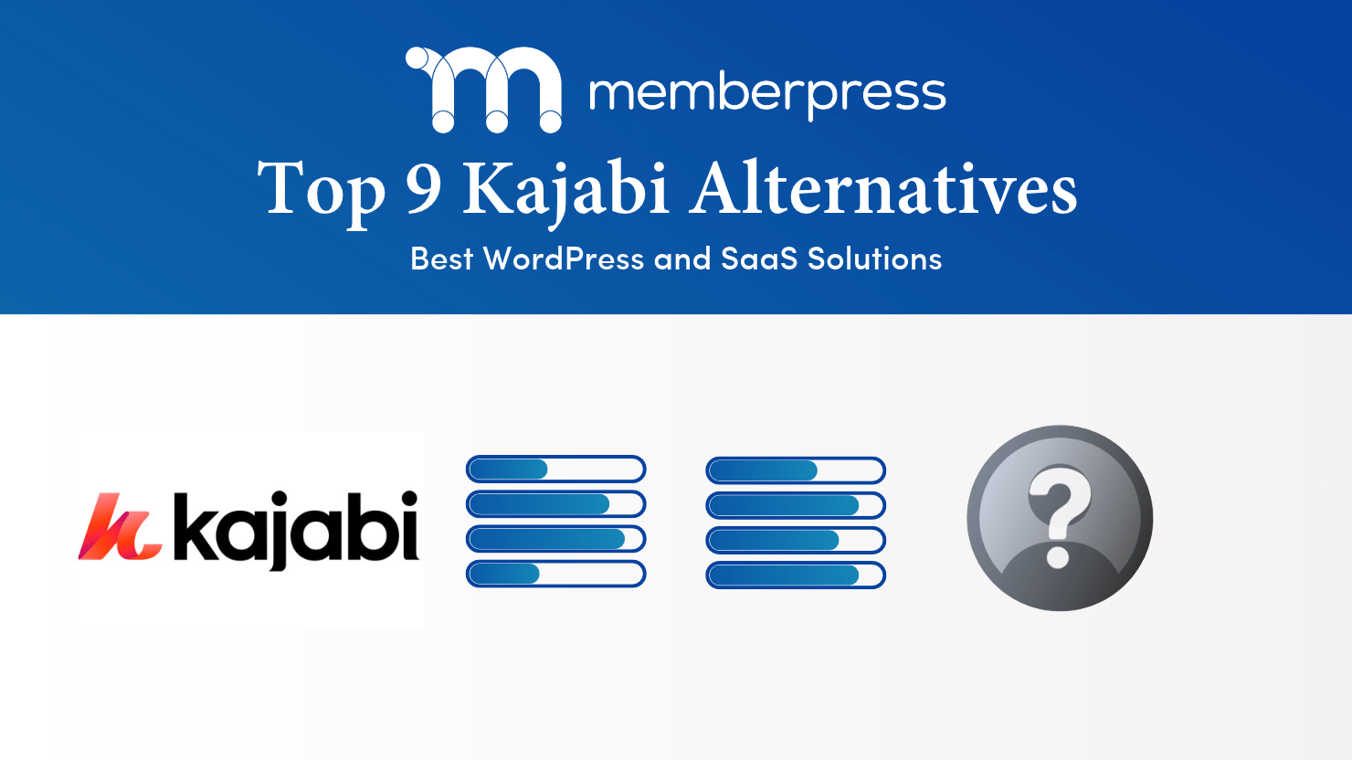 Bannière « Top 9 des alternatives à Kajabi » avec le logo Kajabi, des icônes d'applications bleues empilées et une icône en forme de point d'interrogation indiquant d'autres options