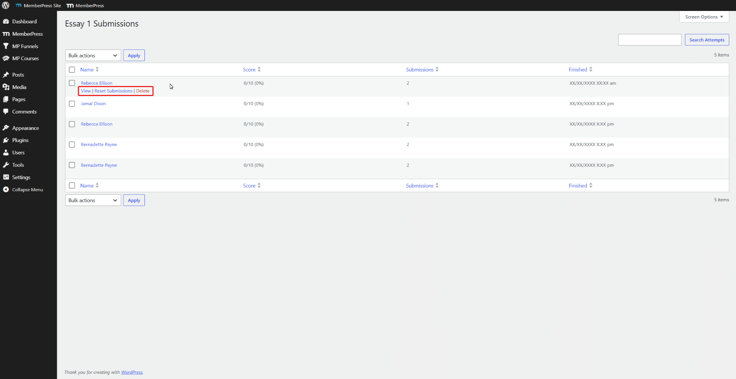 mepr-assignment-submissions-page | MemberPress Assignment submissions page with row actions