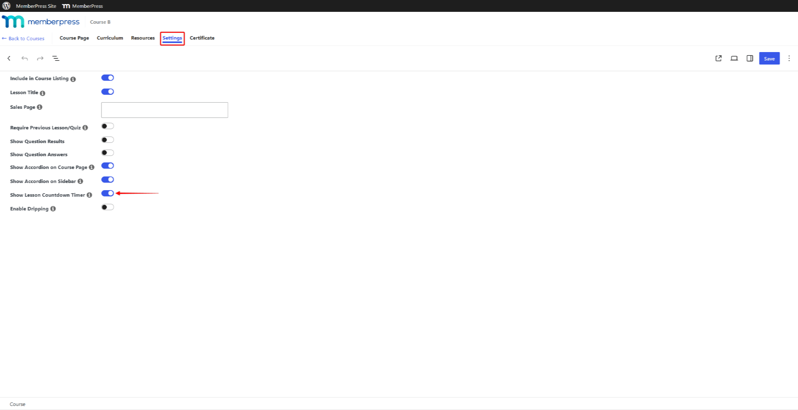 mepr-course-settings-countdown-timer-step | MemberPress Show Lesson Countdown Timer option in the course Settings tab