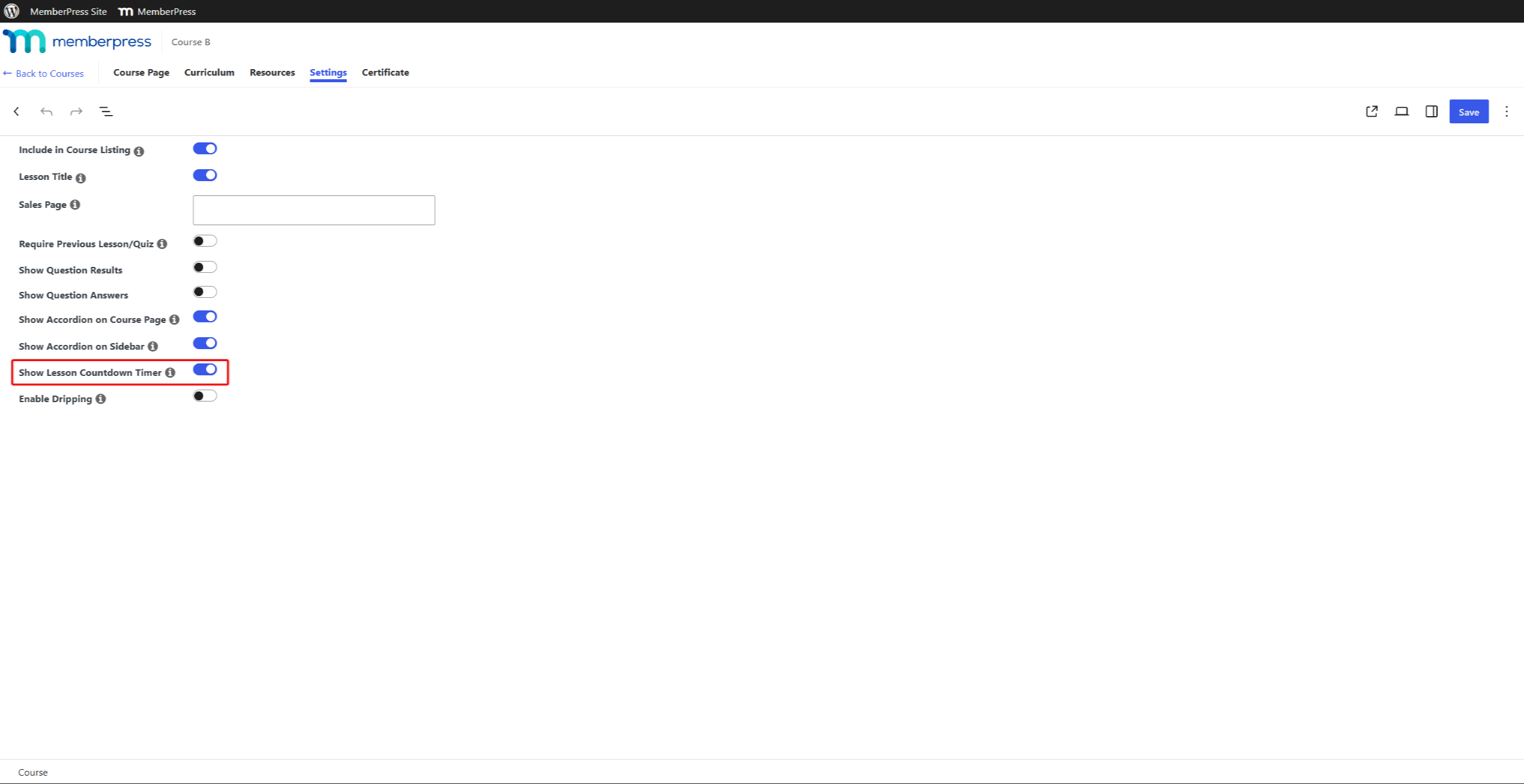mepr-course-settings-countdown-timer | MemberPress Course Settings tab showing the Show Lesson Countdown Timer option