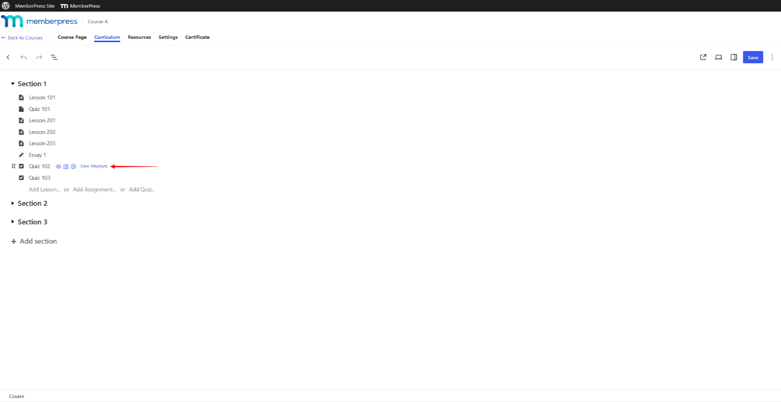 mepr-curriculum-view-attempts | MemberPress View Attempts link in course curriculum