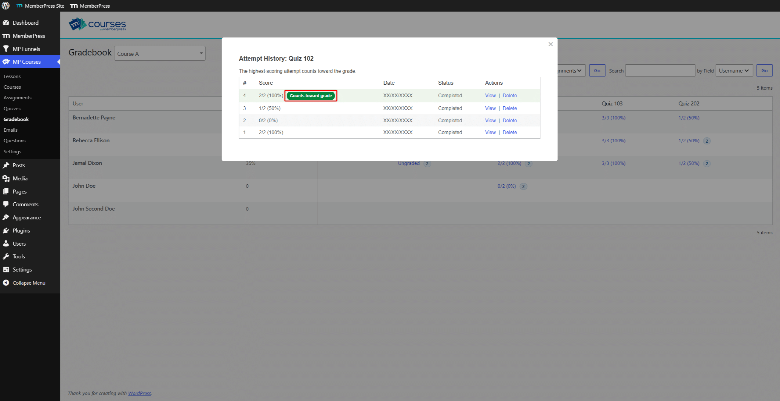 mepr-gradebook-attempt-history | MemberPress Attempt History window in Gradebook