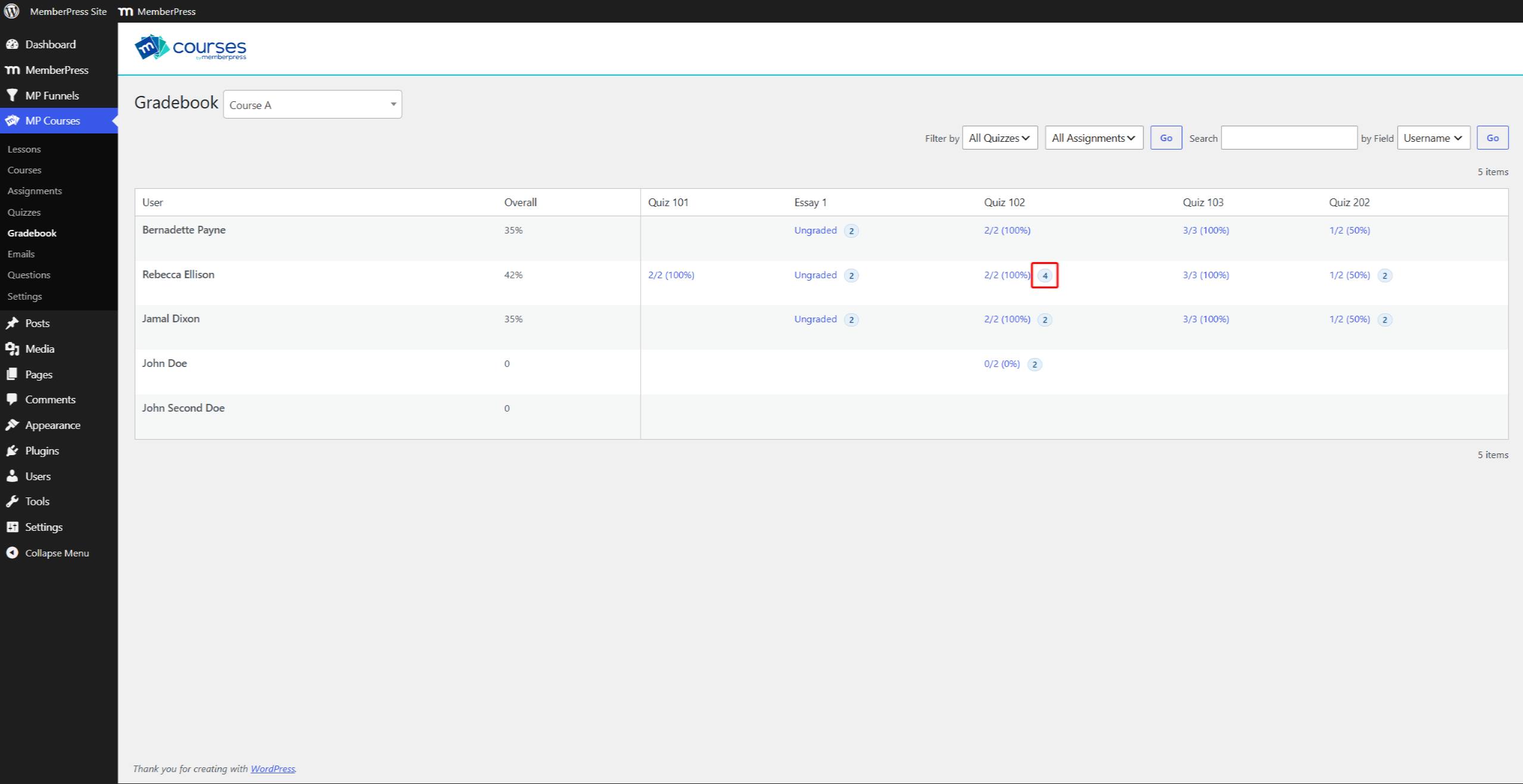 mepr-gradebook-attempts-badge | MemberPress Attempts badge next to quiz grade
