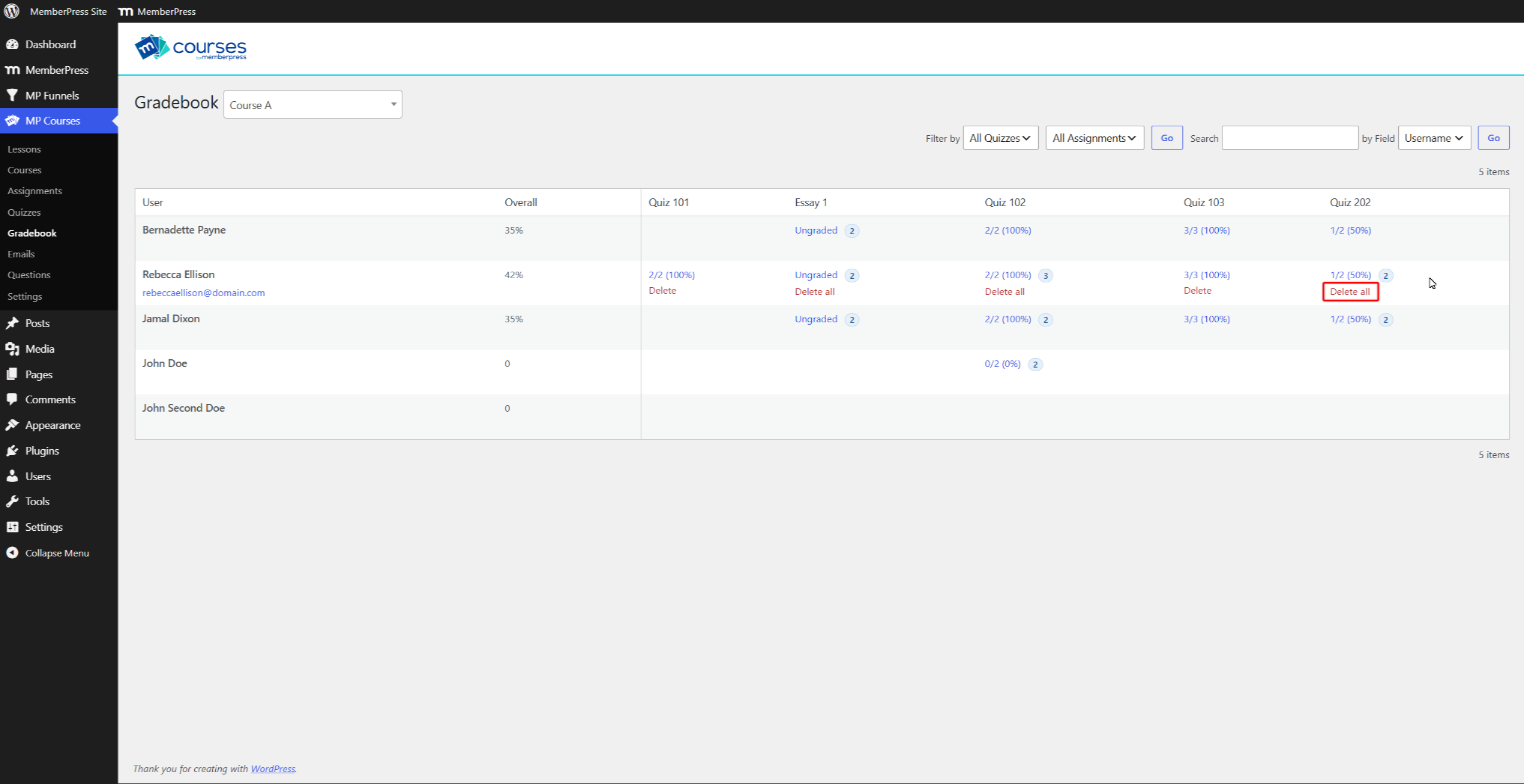 mepr-gradebook-delete-all | MemberPress Delete all link in Gradebook