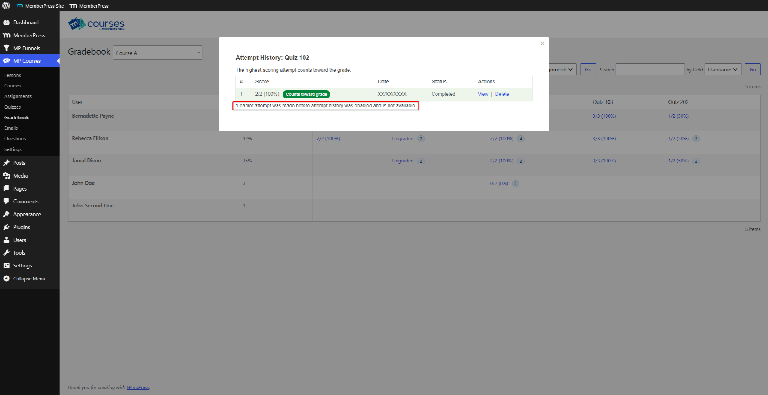 mepr-gradebook-earlier-attempts-note | MemberPress Note about attempts before history