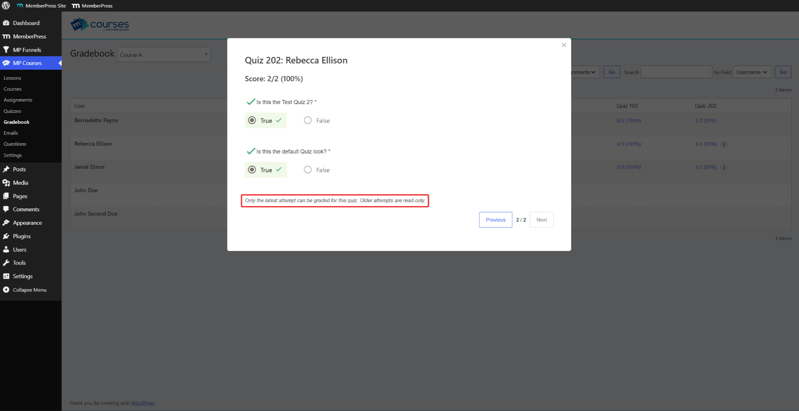 mepr-gradebook-read-only-attempt | MemberPress Read-only older attempt in Gradebook