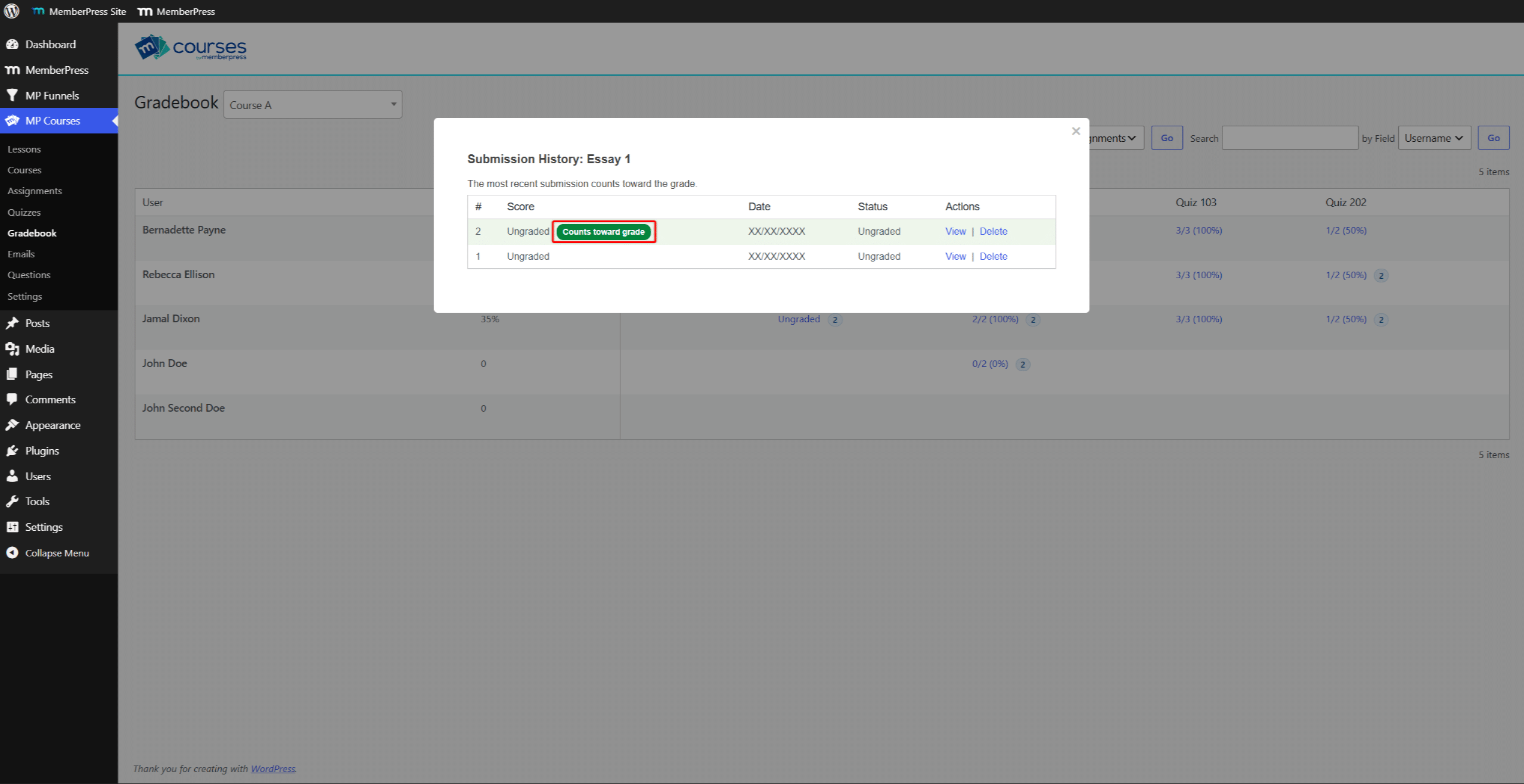 mepr-gradebook-submission-history | MemberPress Submission History window in Gradebook