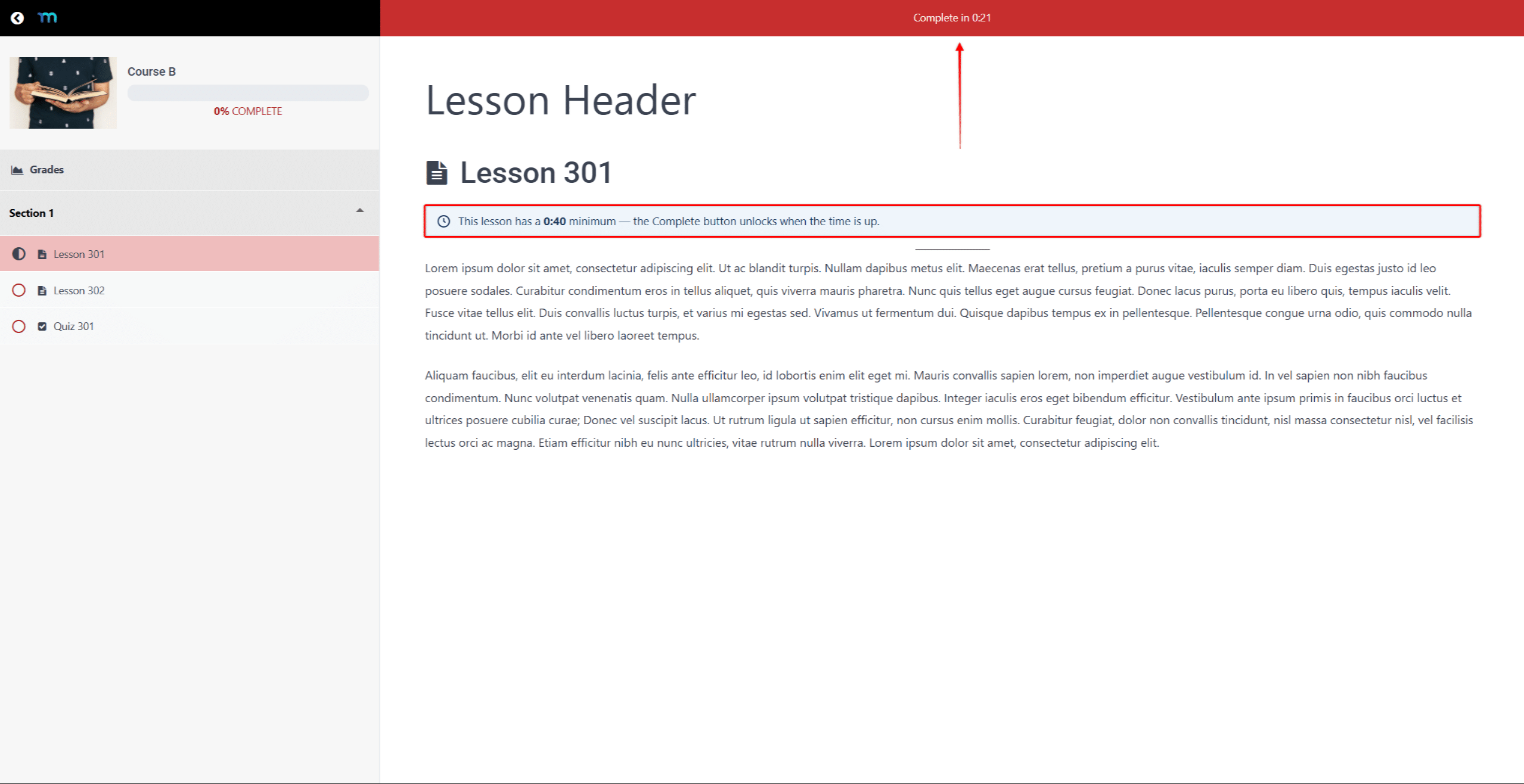 mepr-lesson-minimum-time-countdown | MemberPress Lesson with a minimum time showing the countdown on the Complete and Continue button