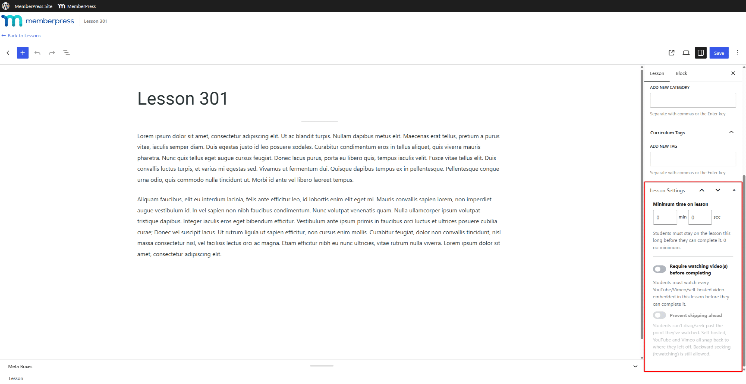 mepr-lesson-settings-panel | MemberPress Lesson Settings panel in the lesson editor sidebar