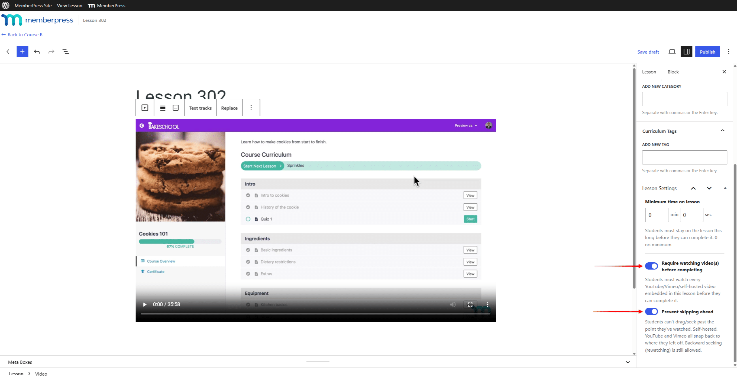 mepr-lesson-settings-require-video | MemberPress Video requirement options in the Lesson Settings panel of the lesson editor
