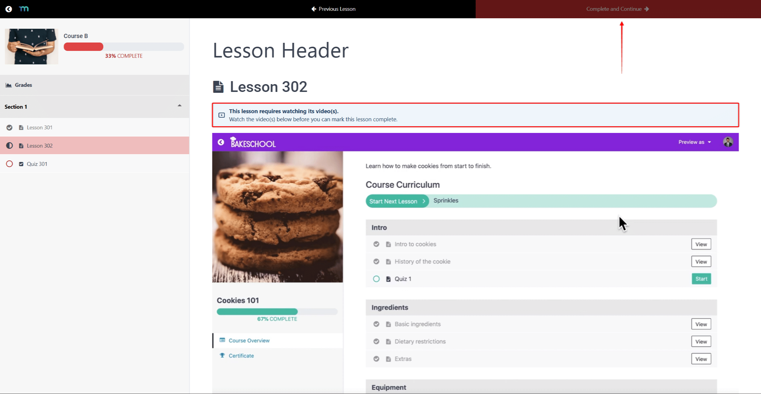 mepr-lesson-video-required | MemberPress Lesson with the video requirement showing the notice and the dimmed Complete and Continue button