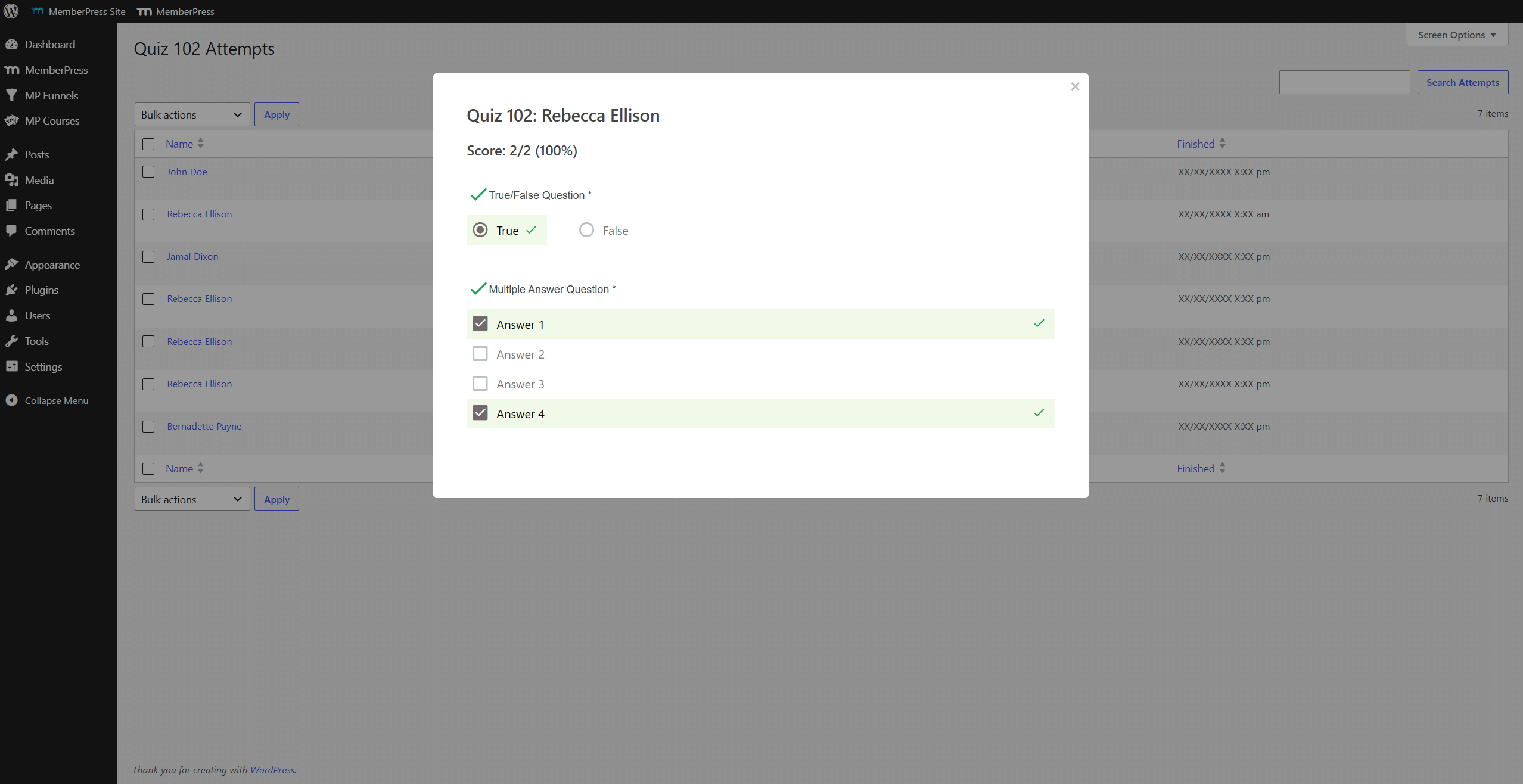 Student quiz attempt answers and score