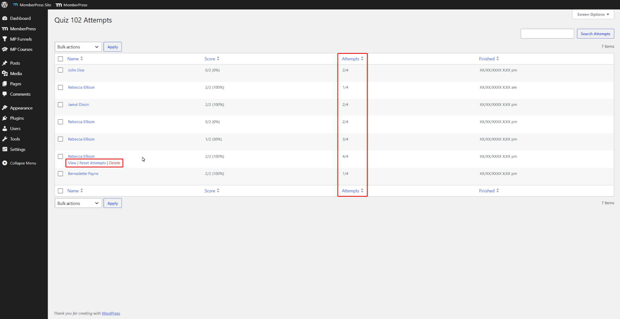 mepr-quiz-attempts-page | MemberPress Quiz Attempts page listing each attempt