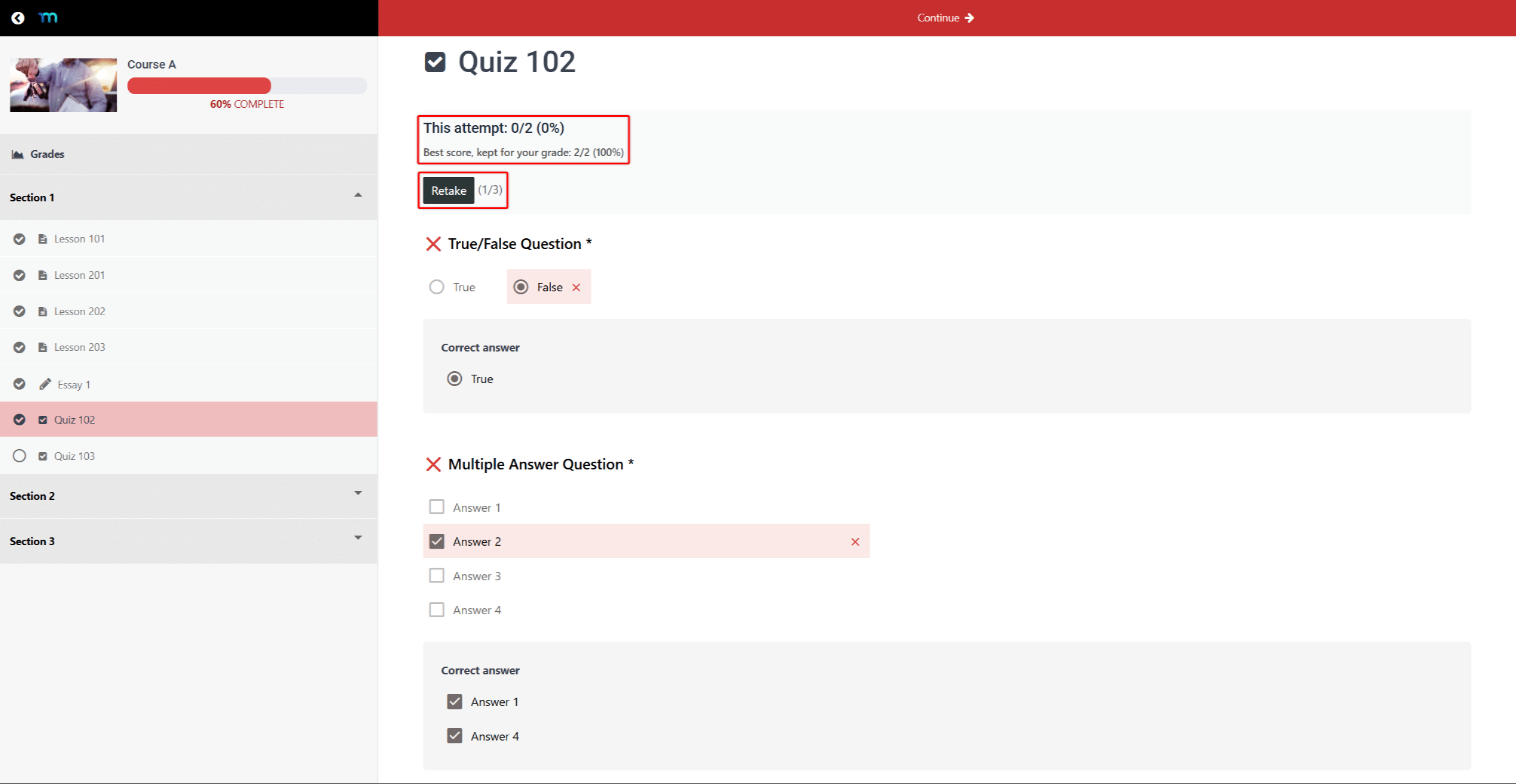 mepr-quiz-retake-best-score | MemberPress Student result showing best score kept