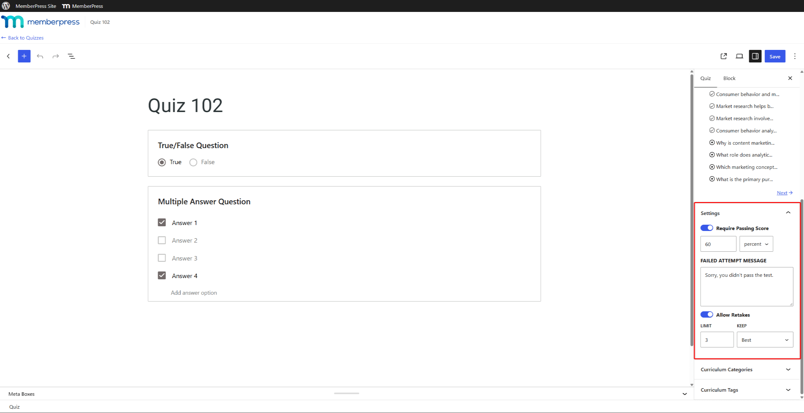 mepr-quiz-retake-settings | MemberPress Quiz retakes settings in quiz editor