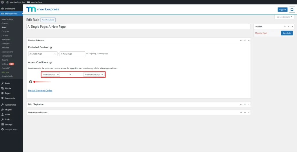 WordPress admin: MemberPress rule editor showing Protected Content for page 'A New Page' with Access Condition: Membership is Pro Membership (highlighted area).