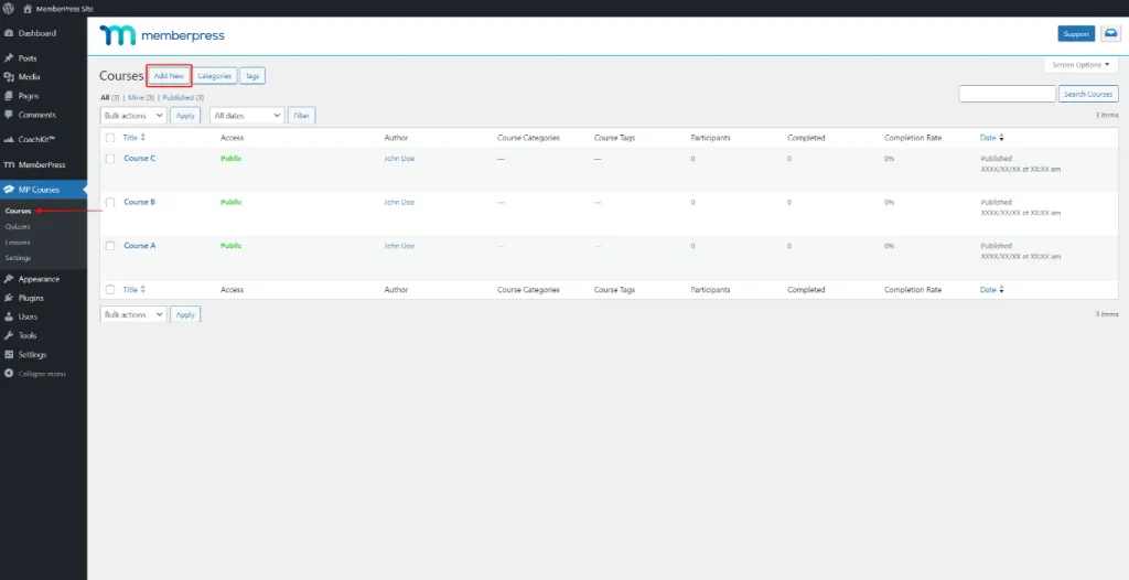 WordPress admin dashboard showing a Courses list with an Add New button and three courses listed on screen