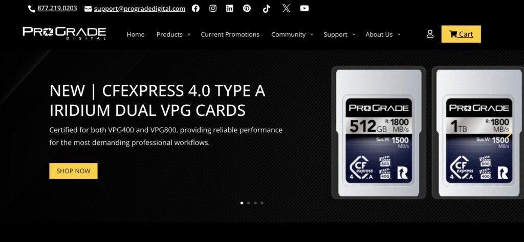 progradedigital homepage screenshot | MemberPress Promotional banner for ProGrade CFexpress 4.0 Type A Iridium dual VPG cards with two memory cards and a yellow Shop Now button on the left.